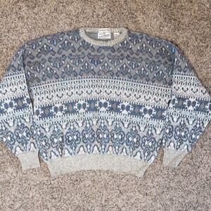 Vintage Sears Roebuck Italian Knit Geometric Crewneck Sweater Mens XL Blue Grey